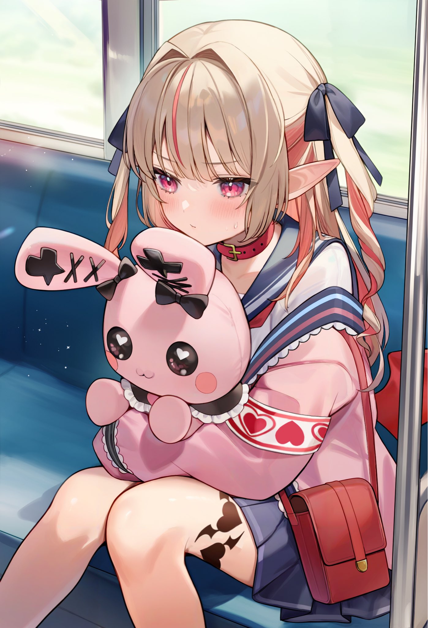 aria (ariacue), makaino ririmu, makaino ririmu (4th costume), nijisanji, highres, 1girl, bag, blue sailor collar, blush, brown hair, choker, colored inner hair, hair intakes, hair ribbon, holding, holding stuffed toy, jacket, long hair, multicolored hair, pink eyes, pink jacket, pointy ears, ribbon, ringlets, sailor collar, school uniform, serafuku, shoulder bag, sitting, solo, stuffed animal, stuffed rabbit, stuffed toy, tattoo, train interior, two-tone hair, two side up, virtual youtuber, winged heart, winged heart tattoo