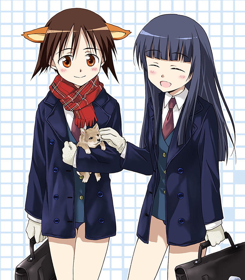 agahari, kuji kanesada, miyafuji yoshika, yamakawa michiko, strike witches, world witches series, 00s, 2girls, alternate costume, animal ears, bag, blazer, coat, dog, gloves, jacket, multiple girls, necktie, plaid clothes, plaid scarf, scarf, school bag, school uniform