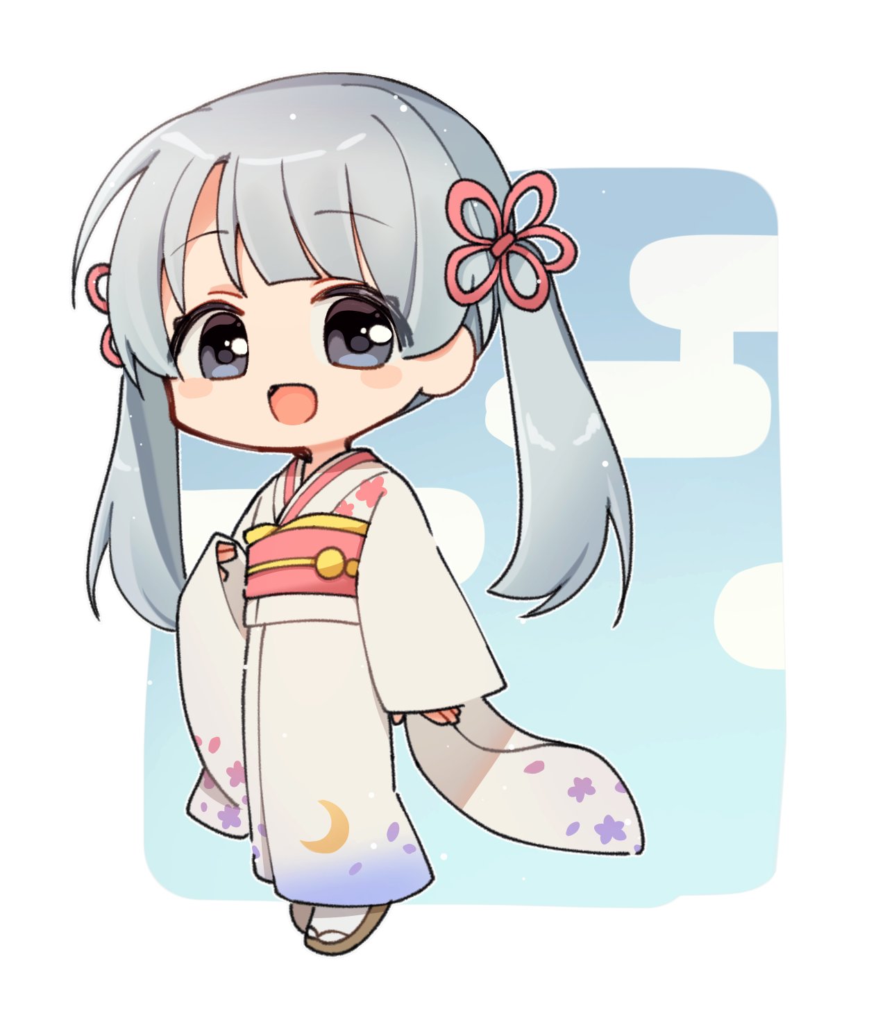 hankaku minami, coeiroink, highres, 1girl, :d, asymmetrical bangs, blunt bangs, cherry blossom print, chibi, chibi only, egasumi, floral print, floral print kimono, flower knot, full body, grey eyes, grey hair, hair ribbon, japanese clothes, kimono, looking at viewer, obi, obiage, obidome, obijime, open mouth, print kimono, ribbon, sandals, sash, smile, socks, solo, tabi, tsukuyomi-chan, twintails, white kimono, white socks, wide sleeves, zouri