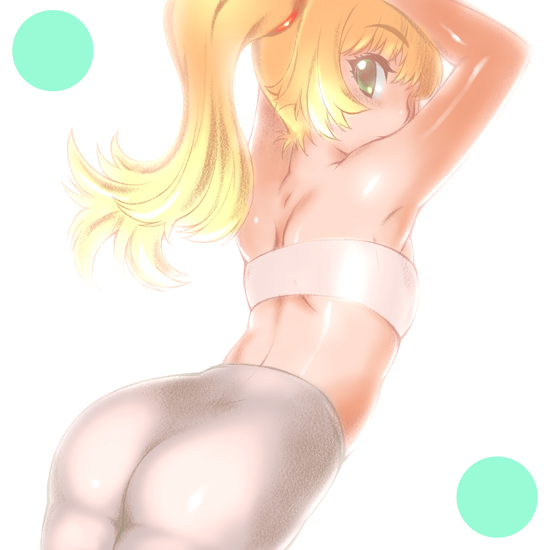 seki suzume, 1girl, armpits, arms up, ass, back, bandeau, blonde hair, female focus, green eyes, long hair, midriff, pantyhose, ponytail, solo, strapless, tube top
