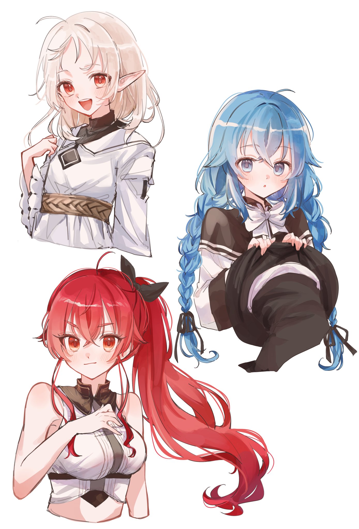 spica59, eris greyrat, roxy migurdia, sylphiette (mushoku tensei), mushoku tensei, highres, 3girls, black bow, blue eyes, blue hair, bow, braid, elf, hair bow, hair ribbon, hand on own cheek, hand on own face, hat, holding, holding unworn clothes, holding unworn hat, looking at viewer, multiple girls, open mouth, pointy ears, red eyes, red hair, ribbon, twin braids, unworn hat, unworn headwear, white background, white hair, witch hat