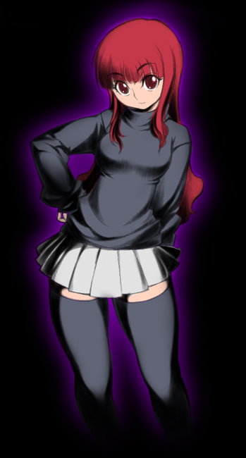 seki suzume, 1girl, female focus, gradient background, long hair, miniskirt, pleated skirt, red eyes, red hair, simple background, skirt, smile, solo, standing, sweater, thighhighs, turtleneck, zettai ryouiki