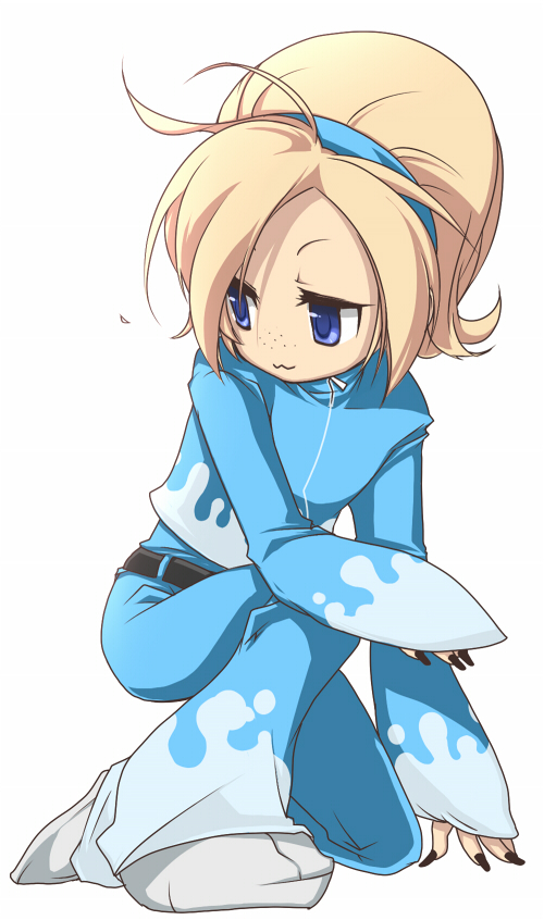 kosumo, ash crimson, snk, the king of fighters, 1boy, :3, alternate color, androgynous, blonde hair, blue eyes, crossdressing, crossdressing (mtf), freckles, hairband, kneeling, male focus, nail polish, short hair, solo, trap