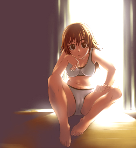 seki suzume, original, 1girl, barefoot, bra, brown eyes, brown hair, cameltoe, curtains, feet, female focus, lingerie, solo, sunlight, underwear