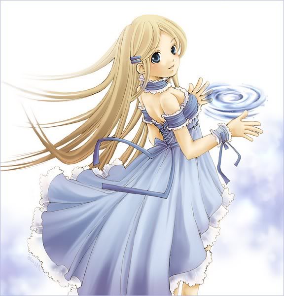 blonde hair, blue eyes, blush, dress, hair ornament, hairpin, lace, long hair, ripples