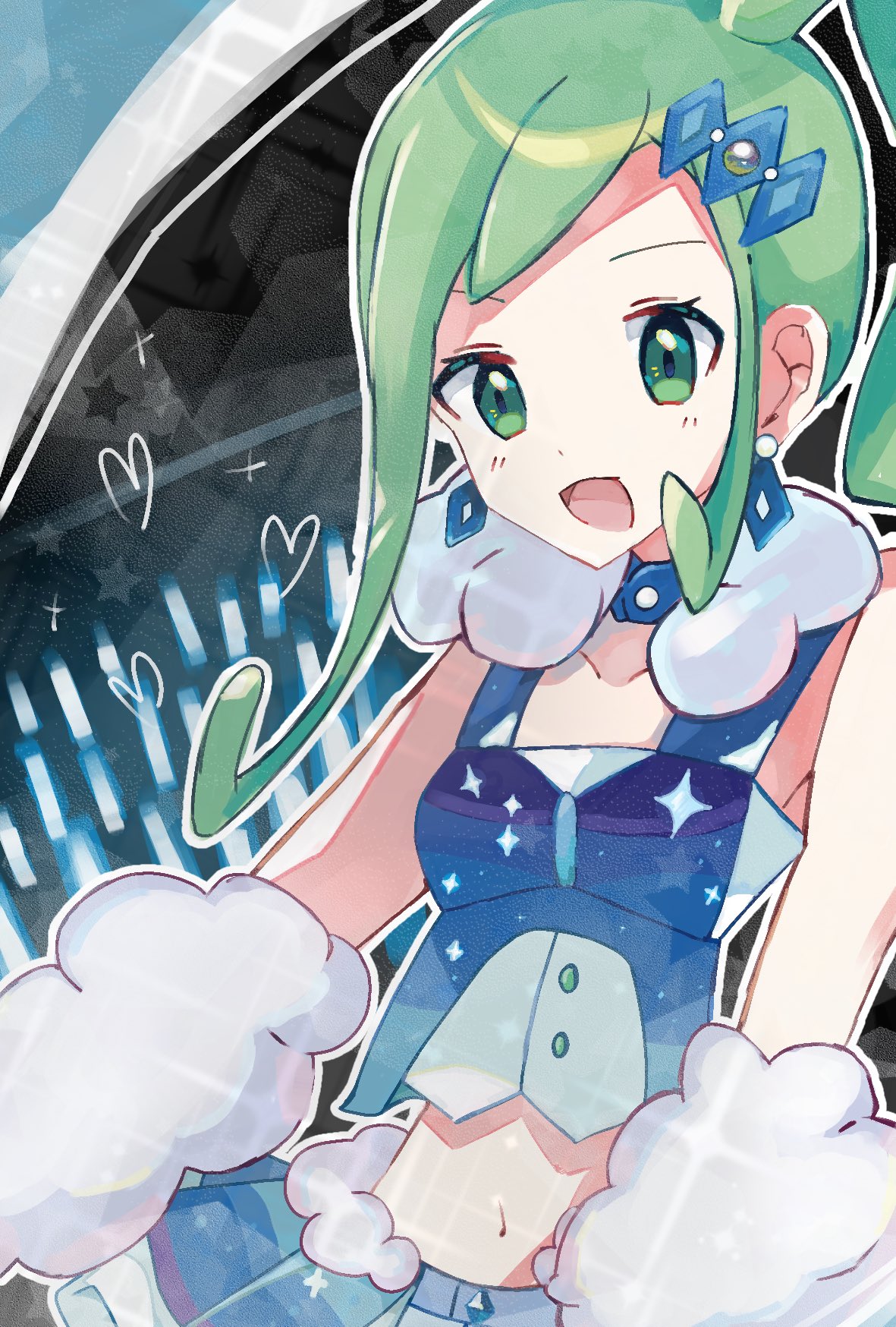 shironenenenene, lisia (pokemon), nintendo, pokemon, pokemon oras, highres, 1girl, :d, arm warmers, earrings, green eyes, green hair, hair ornament, heart, jewelry, looking at viewer, midriff, navel, open mouth, outline, ponytail, smile, solo, white outline