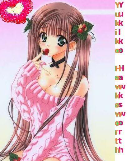 blush, breasts, brown hair, choker, cleavage, food, fruit, green eyes, long hair, strawberry, sweater, yukiko hawksworth