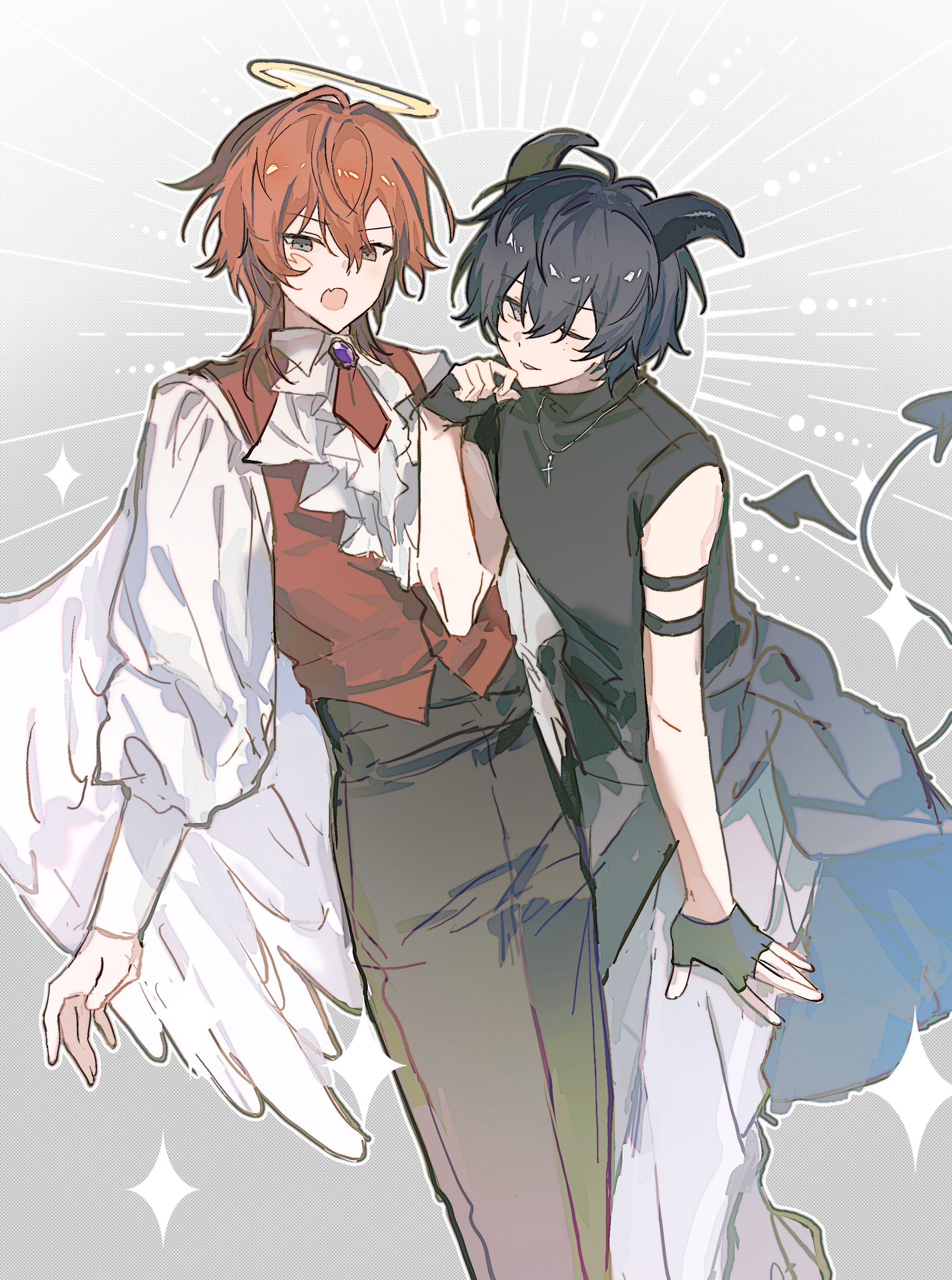 nishizono renga, 18trip, highres, 2boys, angel, angel and devil, angel wings, arm strap, ascot, black gloves, black hair, black nails, black pants, black shirt, black vest, blush, brown eyes, cross, cross necklace, demon boy, demon horns, demon tail, demon wings, fang, fingerless gloves, gawei567, gem, gloves, grey background, grey eyes, halo, heterochromia, horns, jewelry, long sleeves, looking at viewer, male focus, mole, mole under eye, multiple arm straps, multiple boys, multiple moles, murakumo ten, necklace, one eye closed, open mouth, pants, puffy long sleeves, puffy sleeves, purple gemstone, red hair, red vest, shirt, short hair, sleeveless, tail, vest, white shirt, white wings, wings, yaoi