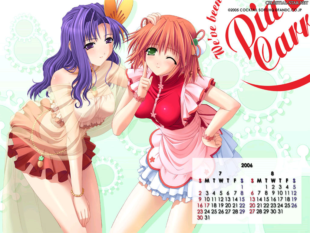 2girls, blush, calendar, green eyes, hand on own hip, hip focus, long hair, multiple girls, orange hair, purple eyes, purple hair, short hair, thighhighs, wink