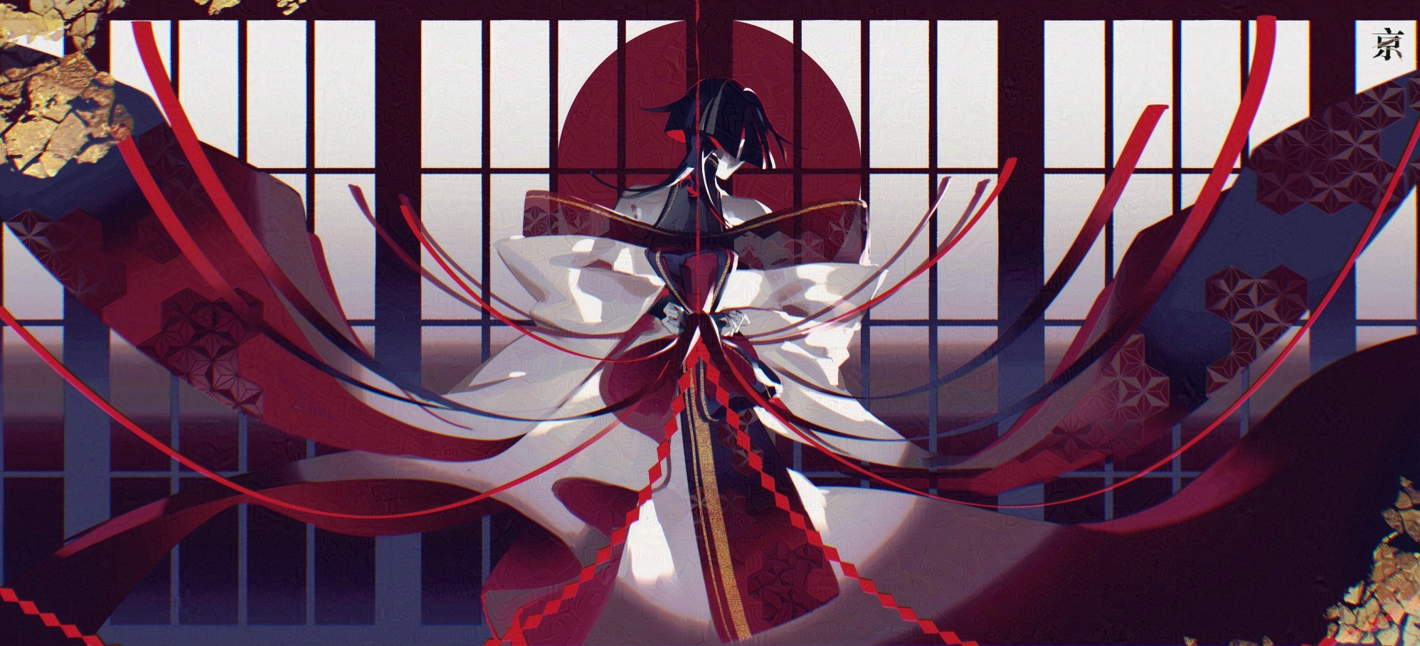 miyagokarasu, scaramouche (genshin impact), genshin impact, chinese commentary, highres, 1boy, abstract background, alternate costume, back bow, black hair, bow, floating, from behind, japanese clothes, kimono, multicolored hair, off shoulder, shade, short hair, sleeveless, solo, streaked hair