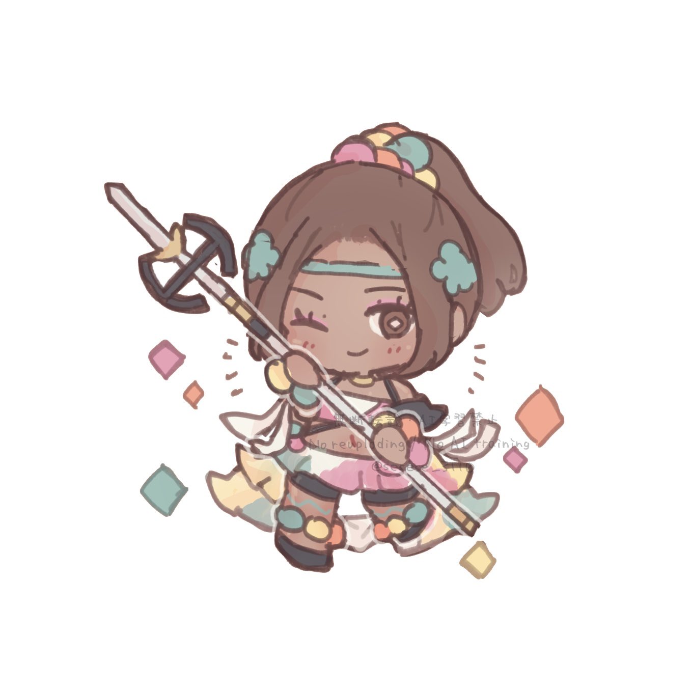 sesese 3110, timerra (fire emblem), fire emblem, fire emblem engage, nintendo, highres, 1girl, ;), black shorts, brown hair, chibi, chibi only, closed mouth, crop top, dark-skinned female, dark skin, full body, hair ornament, holding, holding polearm, holding weapon, looking at viewer, midriff, navel, one eye closed, polearm, ponytail, shorts, skirt, smile, solo, weapon, white background