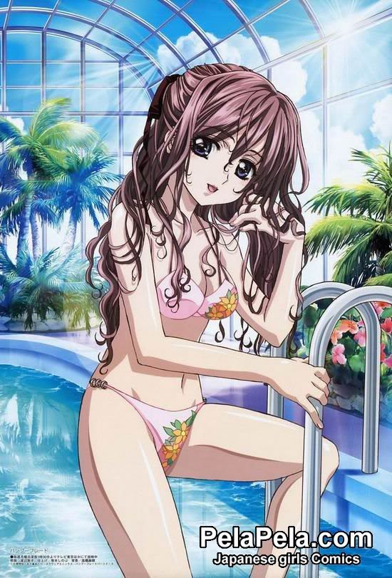 bikini, bra, breasts, brown eyes, brown hair, cleavage, curly hair, lingerie, long hair, navel, palm tree, pelapela.com, pool, swimsuit, thighhighs, tree, underwear