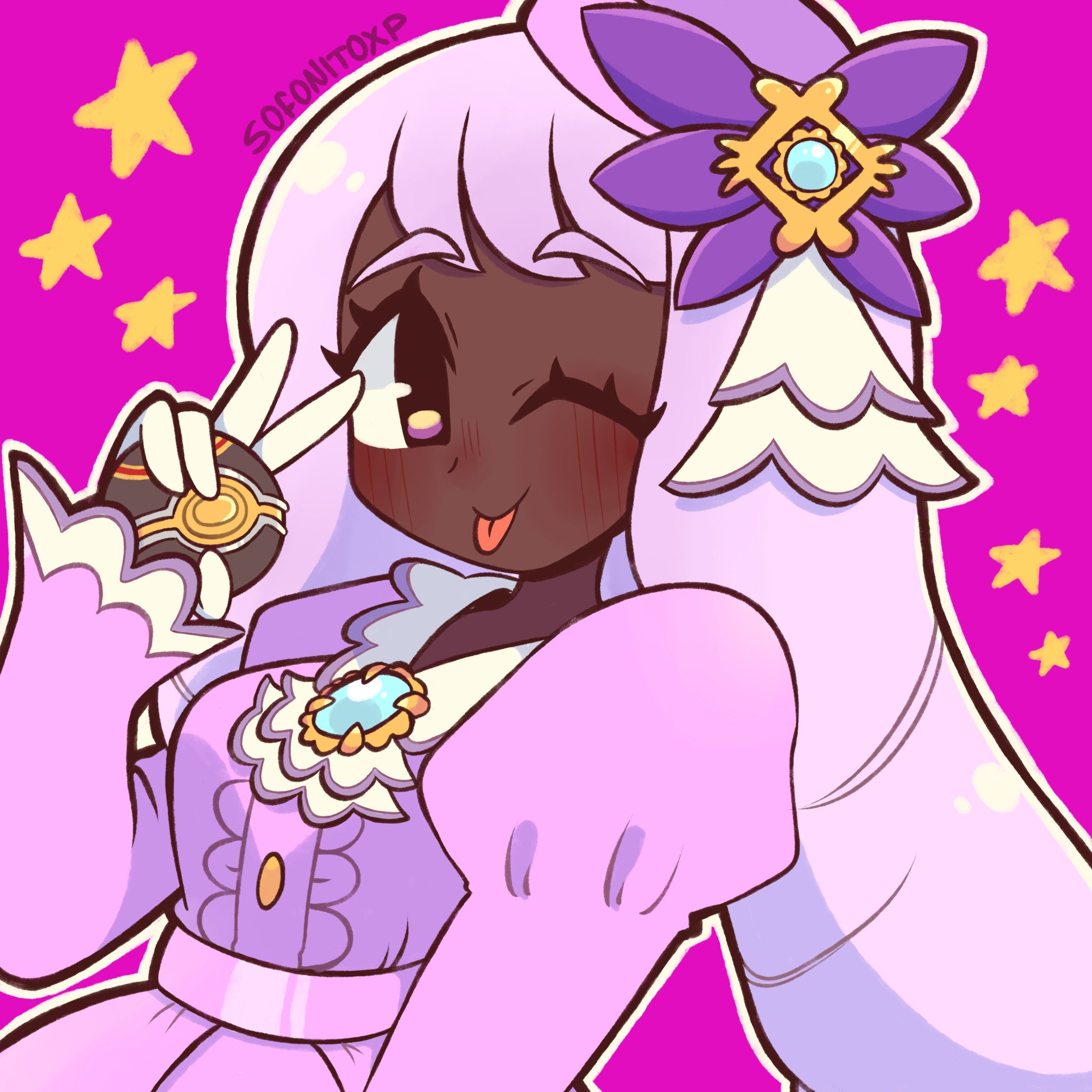 sofo soup, jacinthe (pokemon), nintendo, pokemon, pokemon legends: z-a, highres, 1girl, blush, breasts, closed mouth, dark-skinned female, dark skin, dress, gloves, holding, holding poke ball, long hair, long sleeves, looking at viewer, medium breasts, one eye closed, poke ball, purple background, purple dress, purple eyes, purple hair, simple background, smile, solo, star (symbol), tongue, tongue out, upper body, v, very dark skin, white gloves