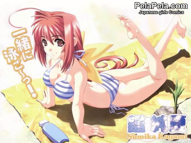 beach, bikini, bra, breasts, brown eyes, cleavage, feet, hair ribbon, lingerie, long hair, lotion, pelapela.com, red hair, ribbon, smile, soles, sunscreen, swimsuit, thighhighs, underwear
