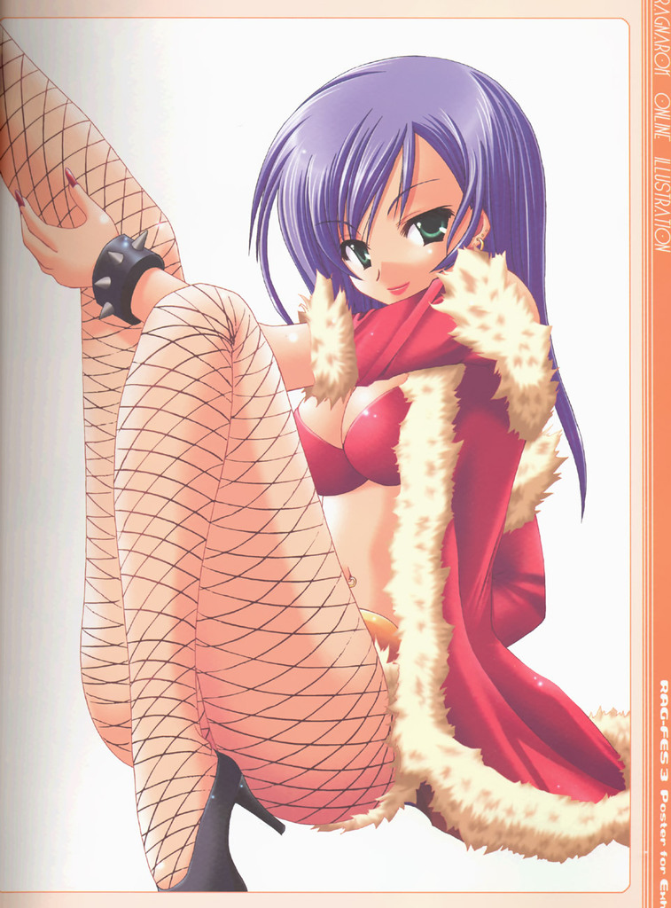 bracelet, breasts, cleavage, earrings, fishnets, green eyes, jewelry, long hair, nail polish, navel, navel piercing, piercing, purple hair, spiked bracelet, spikes