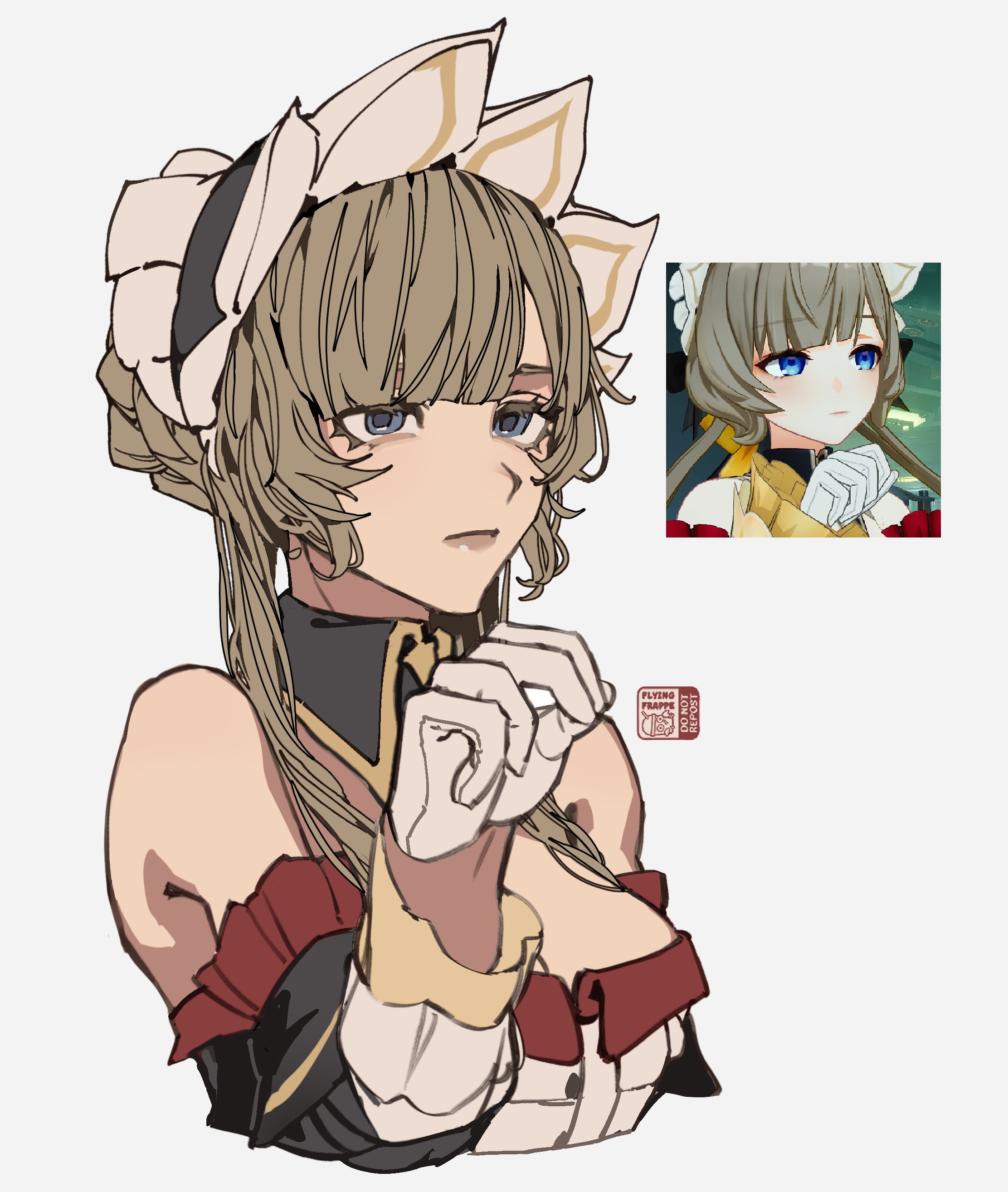 flying-frappuccino, sandrone (genshin impact), genshin impact, absurdres, commentary, english commentary, highres, 1girl, bare shoulders, blue eyes, breasts, cropped torso, detached sleeves, gloves, grey background, grey hair, long hair, long sleeves, looking at viewer, medium breasts, multiple views, reference inset, simple background, upper body, white gloves