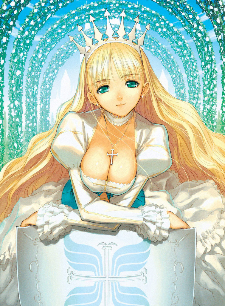 tony taka, clalaclan philias, sega, shining (series), shining wind, blonde hair, blue eyes, breasts, cleavage, cross, crown, dress, earrings, gown, green eyes, jewelry, long hair, necklace, puffy sleeves, shield, smile