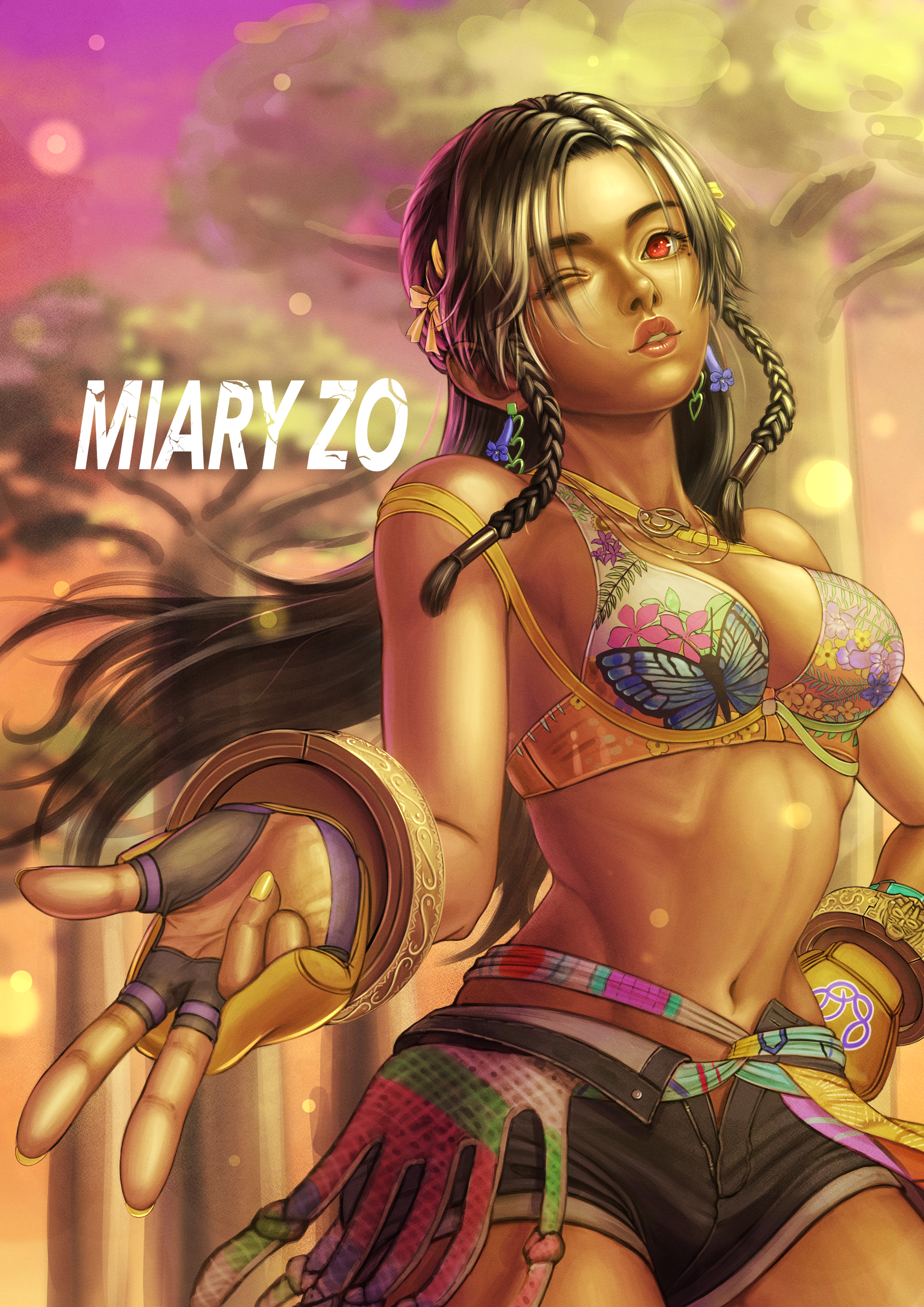 kai hadaly, miary zo, tekken, tekken 8, absurdres, commentary, highres, 1girl, breasts, character name, dark-skinned female, dark skin, fingerless gloves, floral print, gloves, long hair, mole, mole under eye, one eye closed, red eyes, solo, yellow nails