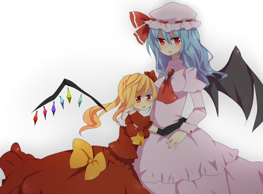 nabeshima (pon nbsm), flandre scarlet, remilia scarlet, touhou, bad id, bad pixiv id, 2girls, aged up, alternate costume, alternate hairstyle, blonde hair, blue hair, bow, dress, elbow gloves, female focus, gloves, hat, hug, long hair, multiple girls, no headwear, red eyes, siblings, side ponytail, sisters, wings