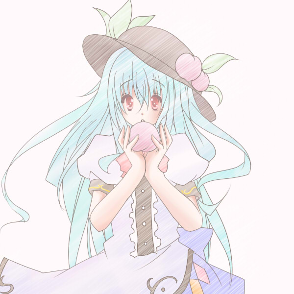 hazuki m, hinanawi tenshi, touhou, 1girl, female focus, food, fruit, hat, holding, holding food, holding fruit, long hair, peach, solo