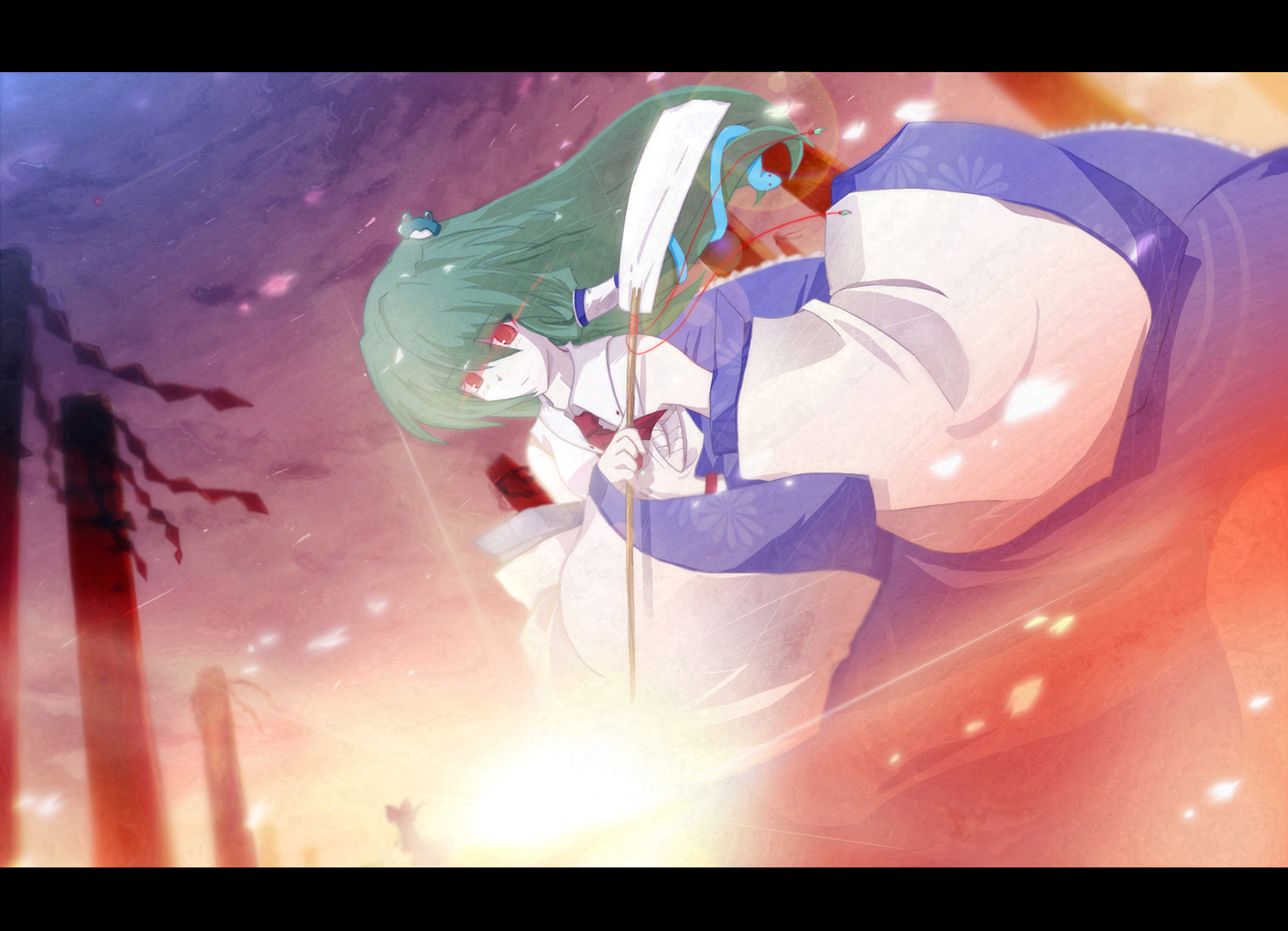 auer, kochiya sanae, touhou, bad id, bad pixiv id, 1girl, detached sleeves, female focus, gohei, green hair, hair ornament, letterboxed, long hair, onbashira, oonusa, red eyes, solo