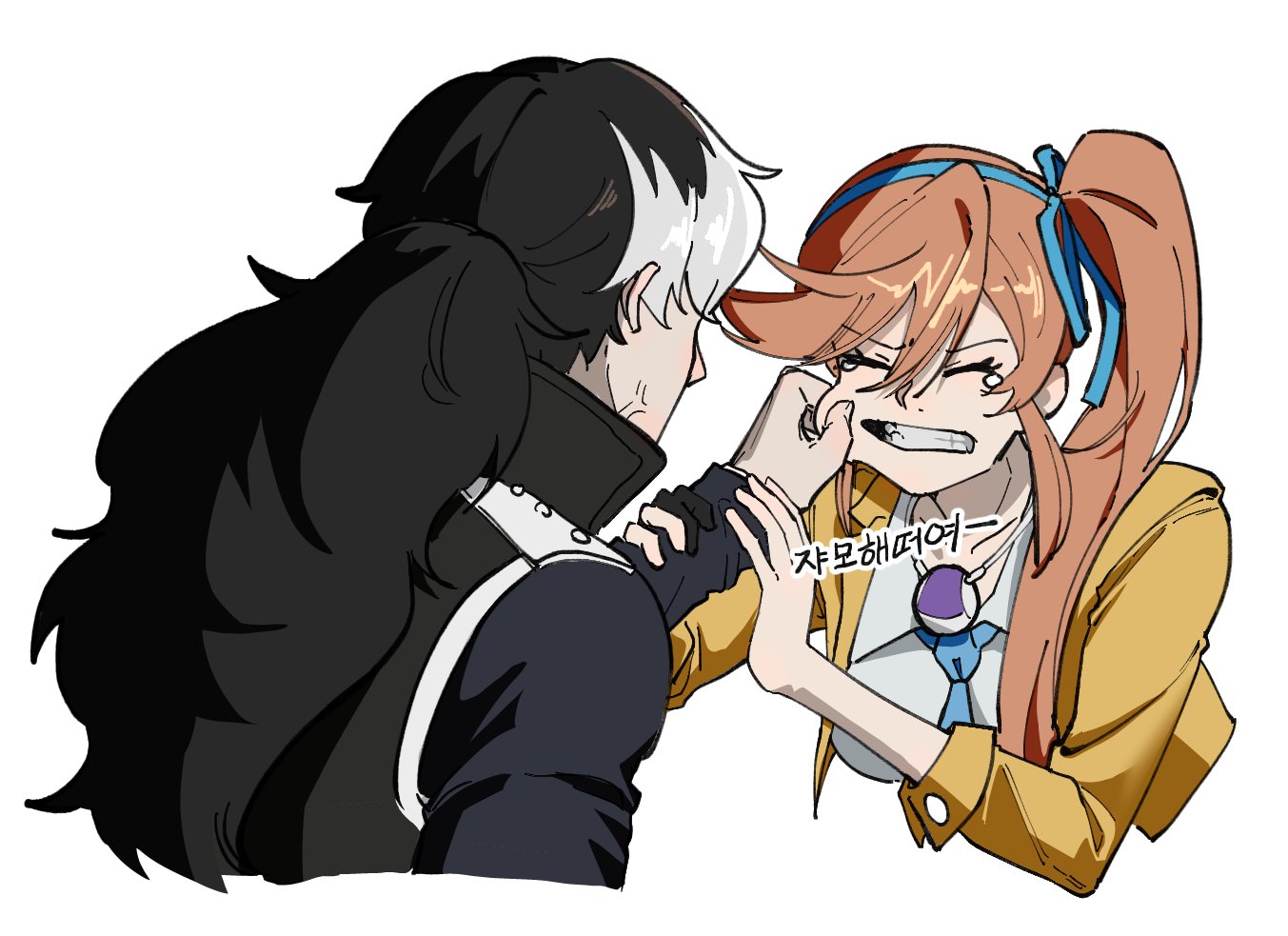 bbaen0w0, athena cykes, simon blackquill, ace attorney, commentary request, korean commentary, 1boy, 1girl, anger vein, black hair, black jacket, blue bow, blue hairband, blue necktie, bow, bow hairband, cheek pinching, closed eyes, collared shirt, grey hair, hair between eyes, hair bow, hairband, jacket, long hair, multicolored hair, necktie, open clothes, open jacket, orange hair, pinching, ponytail, shirt, side ponytail, teeth, two-tone hair, upper body, white background, white shirt, yellow jacket