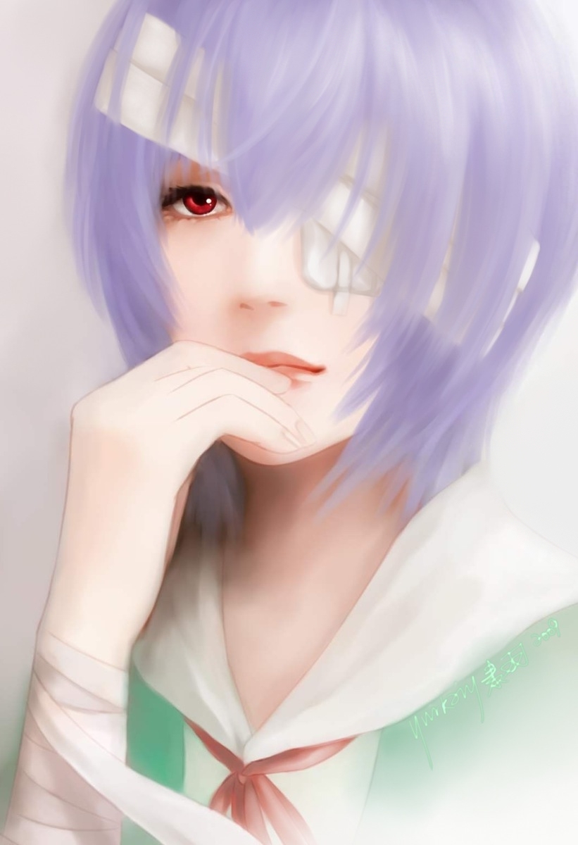 yurkary, ayanami rei, neon genesis evangelion, artist request, highres, bandage over one eye, bandages, blue hair, red eyes, school uniform, short hair, solo