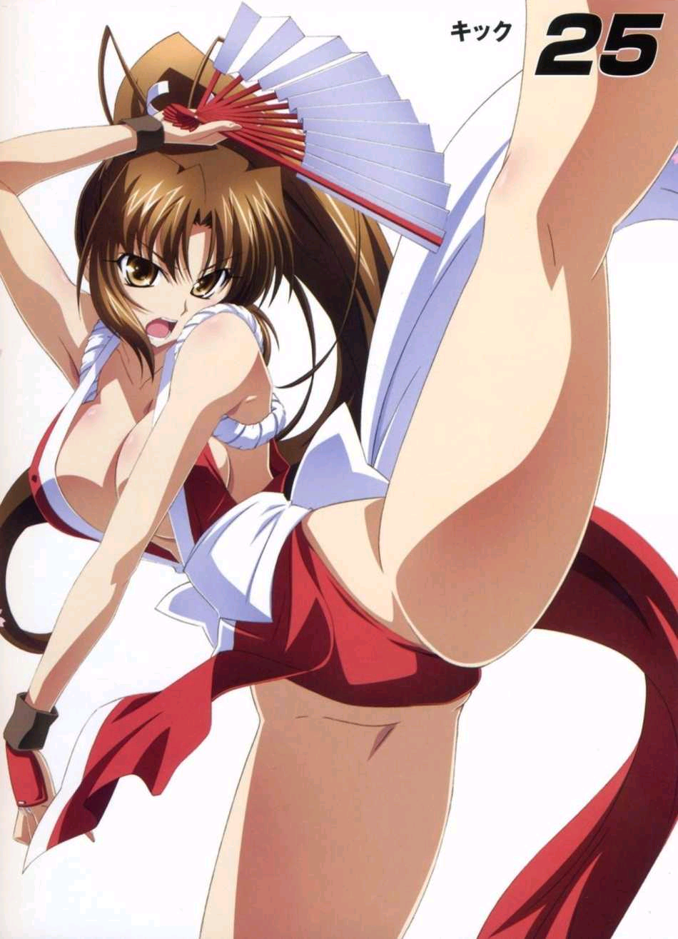 izumi mahiru, shiranui mai, fatal fury, queen's blade, queen's gate, snk, the king of fighters, highres, 1girl, breasts, brown eyes, brown hair, cameltoe, cleavage, female focus, folding fan, hand fan, high kick, japanese clothes, kicking, large breasts, legs, long hair, ninja, panties, pelvic curtain, ponytail, red panties, revealing clothes, solo, thighs, underwear