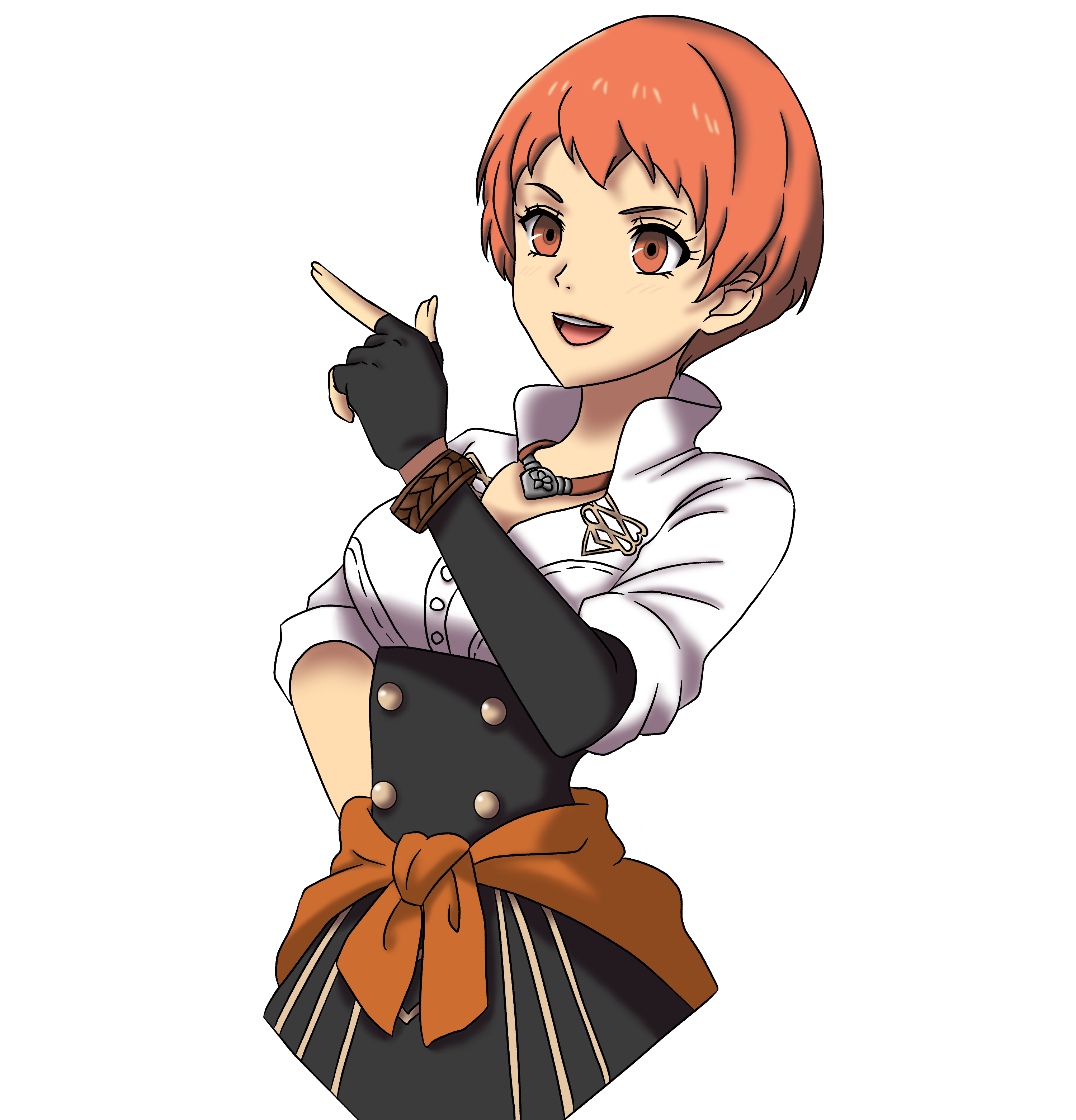 nekomoni, leonie pinelli, fire emblem, fire emblem: three houses, nintendo, absurdres, highres, 1girl, :d, breasts, garreg mach monastery uniform, medium breasts, open mouth, orange eyes, orange hair, short hair, smile, upper body, white background