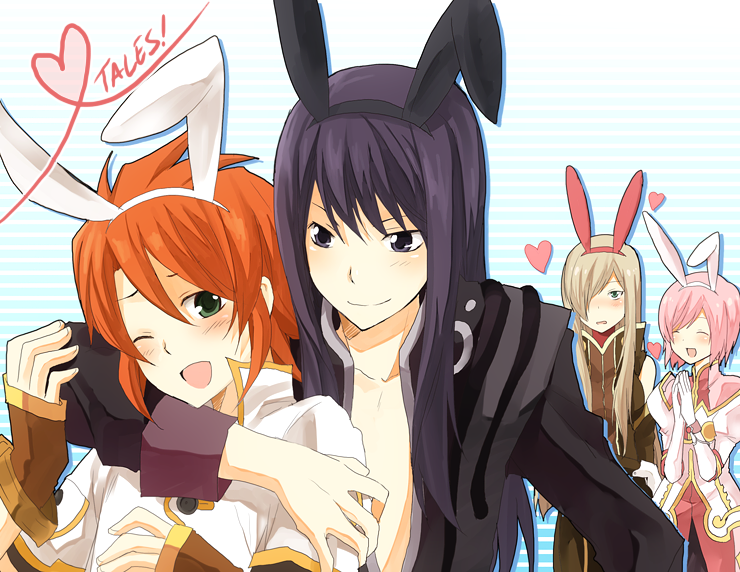 kurot, estellise sidos heurassein, luke fon fabre, tear grants, yuri lowell, tales of (series), tales of the abyss, tales of vesperia, 00s, 2boys, 2girls, animal ears, closed eyes, heart, heart of string, in-franchise crossover, multiple boys, multiple girls, one eye closed, rabbit ears, wink