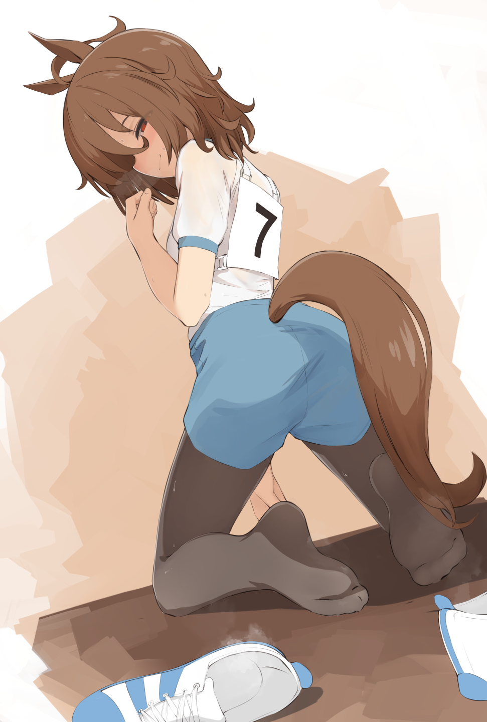 recklessdraw, agnes tachyon (umamusume), umamusume, commentary, commission, english commentary, highres, 1girl, animal ears, ass, black pantyhose, blue shorts, brown hair, closed mouth, feet, from behind, gym shorts, gym uniform, horse ears, horse girl, horse tail, kneeling, looking at viewer, looking back, medium hair, no shoes, pantyhose, pantyhose under shorts, puffy short sleeves, puffy sleeves, red eyes, shirt, shoes, short sleeves, shorts, smell, sneakers, soles, solo, steam, tail, toes, unworn shoes, white shoes