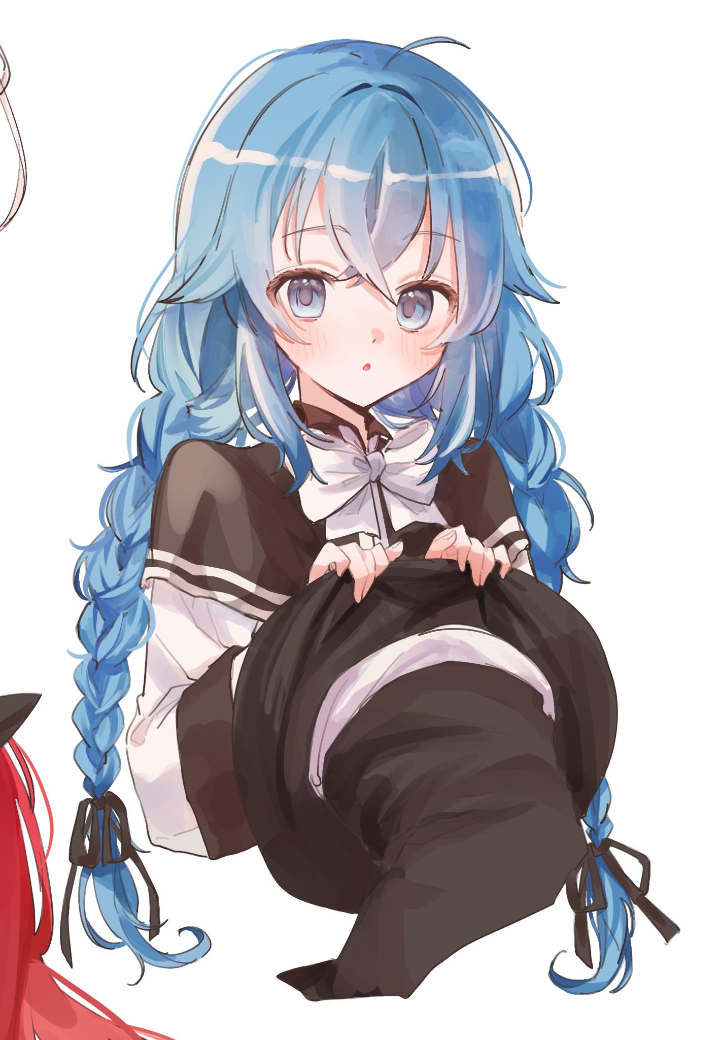 spica59, mushoku tensei, highres, ahoge, black bow, blue eyes, blue hair, bow, braid, hair between eyes, hat, holding, holding unworn clothes, holding unworn hat, looking at viewer, open mouth, twin braids, unworn hat, unworn headwear, white bow, witch hat