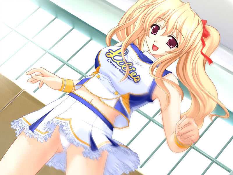 furuno masashi, nanami ayane, shirakaba kozue, cheerfull!, game cg, 1girl, :d, blonde hair, breasts, cheerleader, dutch angle, female focus, frills, hair ribbon, large breasts, long hair, midriff, mole, mole under eye, motion blur, navel, open mouth, panties, pantyshot, pink eyes, red eyes, ribbon, skirt, sleeveless, smile, solo, thighhighs, thighs, turtleneck, underwear, upskirt, white panties, window, wristband