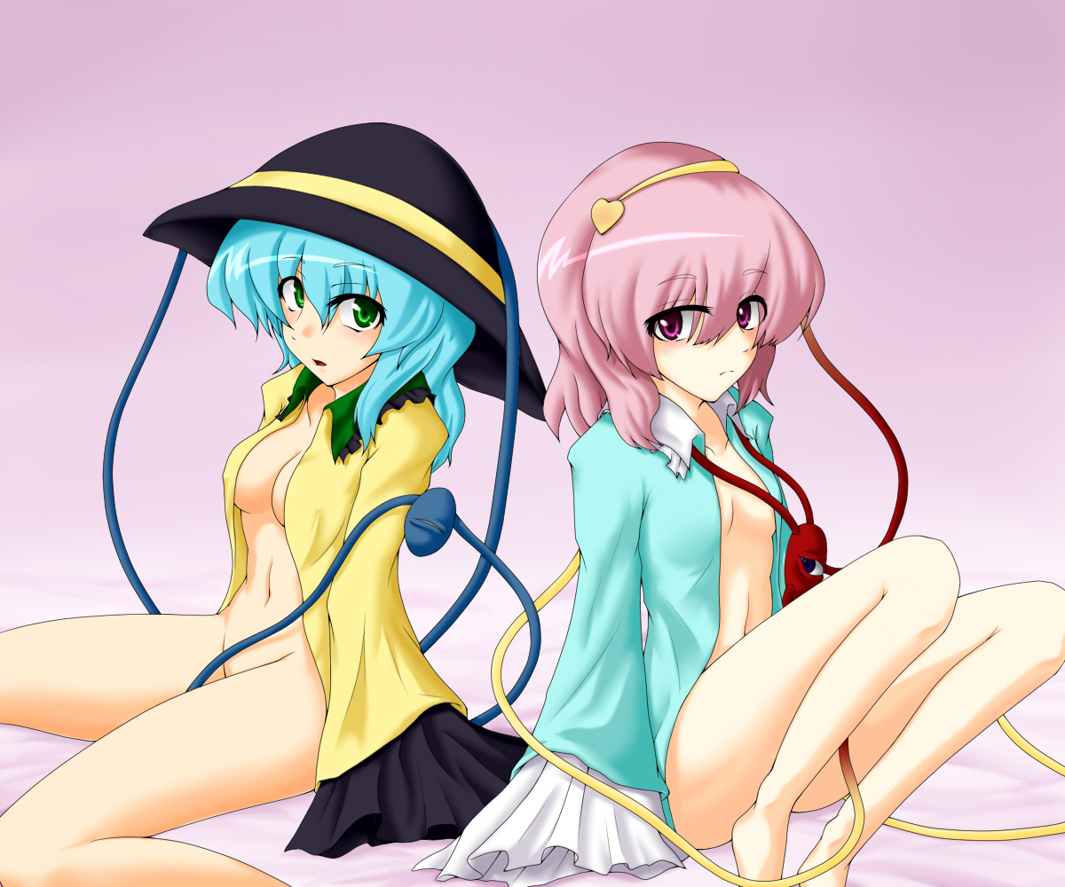 akudato, komeiji koishi, komeiji satori, touhou, bad id, bad pixiv id, 2girls, barefoot, bottomless, female focus, multiple girls, open clothes, open shirt, shirt, siblings, sisters