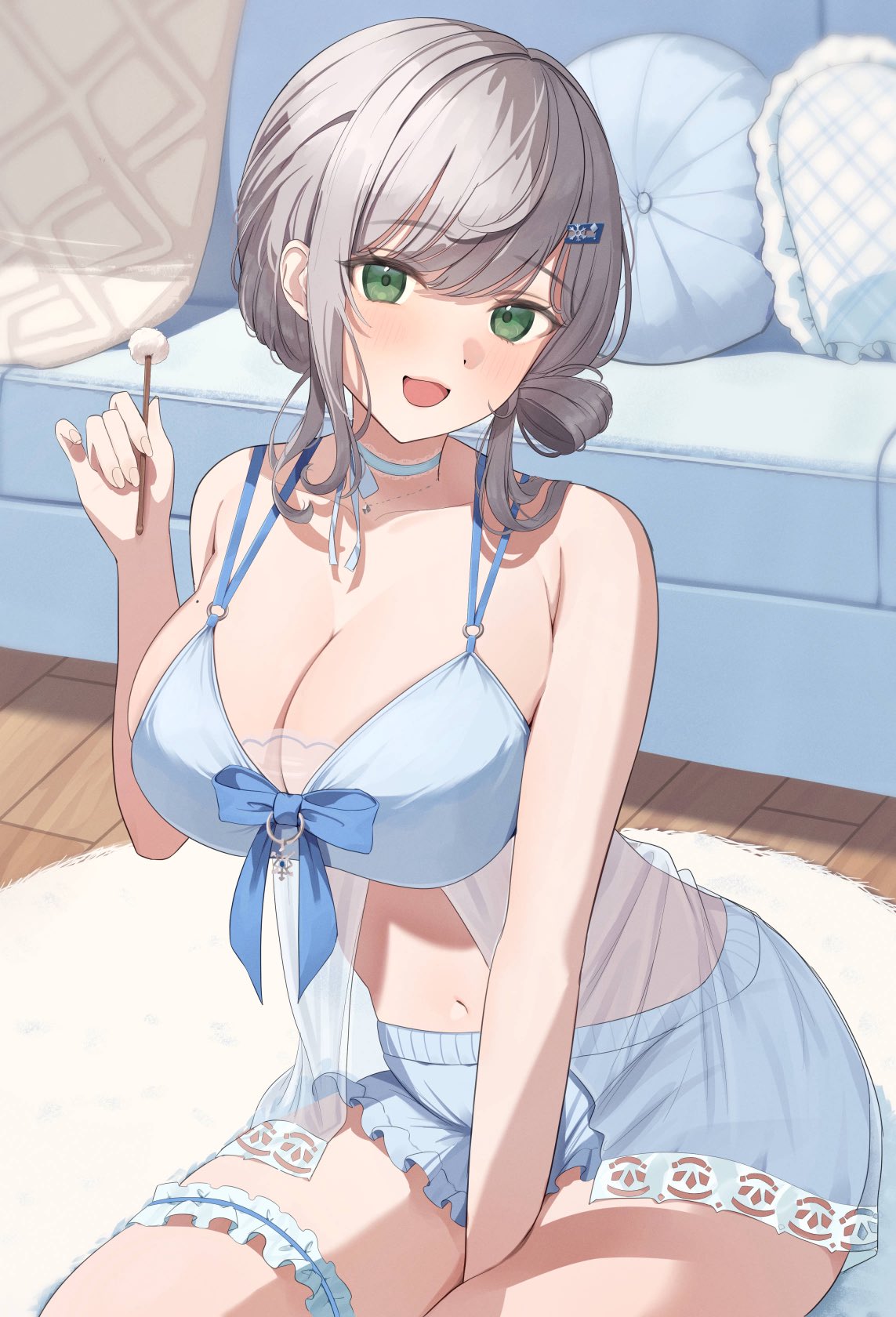 mikumineko, shirogane noel, shirogane noel (9th costume), hololive, highres, 1girl, babydoll, blue babydoll, blue shorts, breasts, cleavage, couch, frilled thigh strap, green eyes, grey hair, hair ornament, hairclip, hand between thighs, indoors, large breasts, looking at viewer, mole, mole on breast, navel, open mouth, shorts, solo, thigh strap