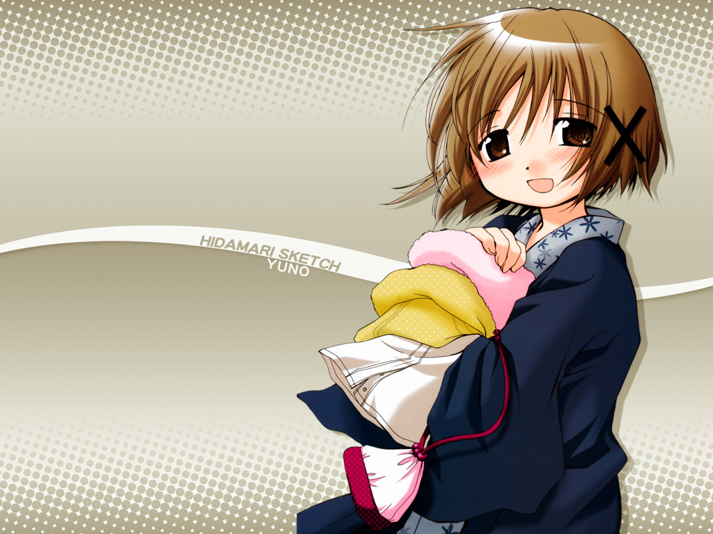aoki ume, yuno (hidamari sketch), hidamari sketch, official art, official wallpaper, 00s, 1girl, blush, brown eyes, brown hair, female focus, hair ornament, looking at viewer, open mouth, short hair, smile, solo