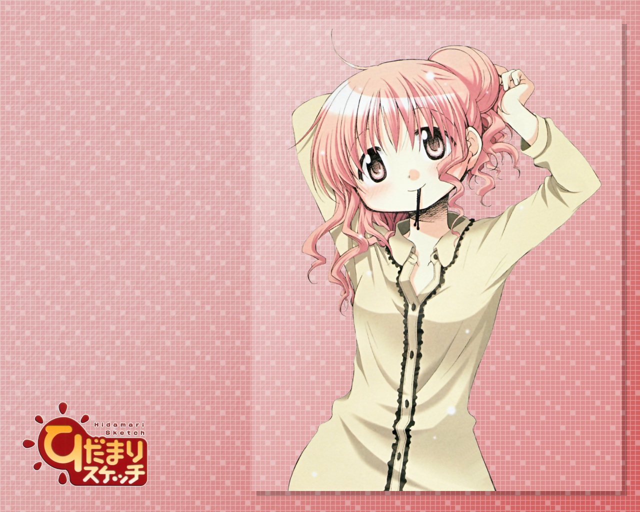 aoki ume, hiro (hidamari sketch), hidamari sketch, official art, official wallpaper, 00s, 1girl, adjusting hair, blush, double bun, female focus, hair bun, mouth hold, pajamas, pink hair, red hair, smile, solo