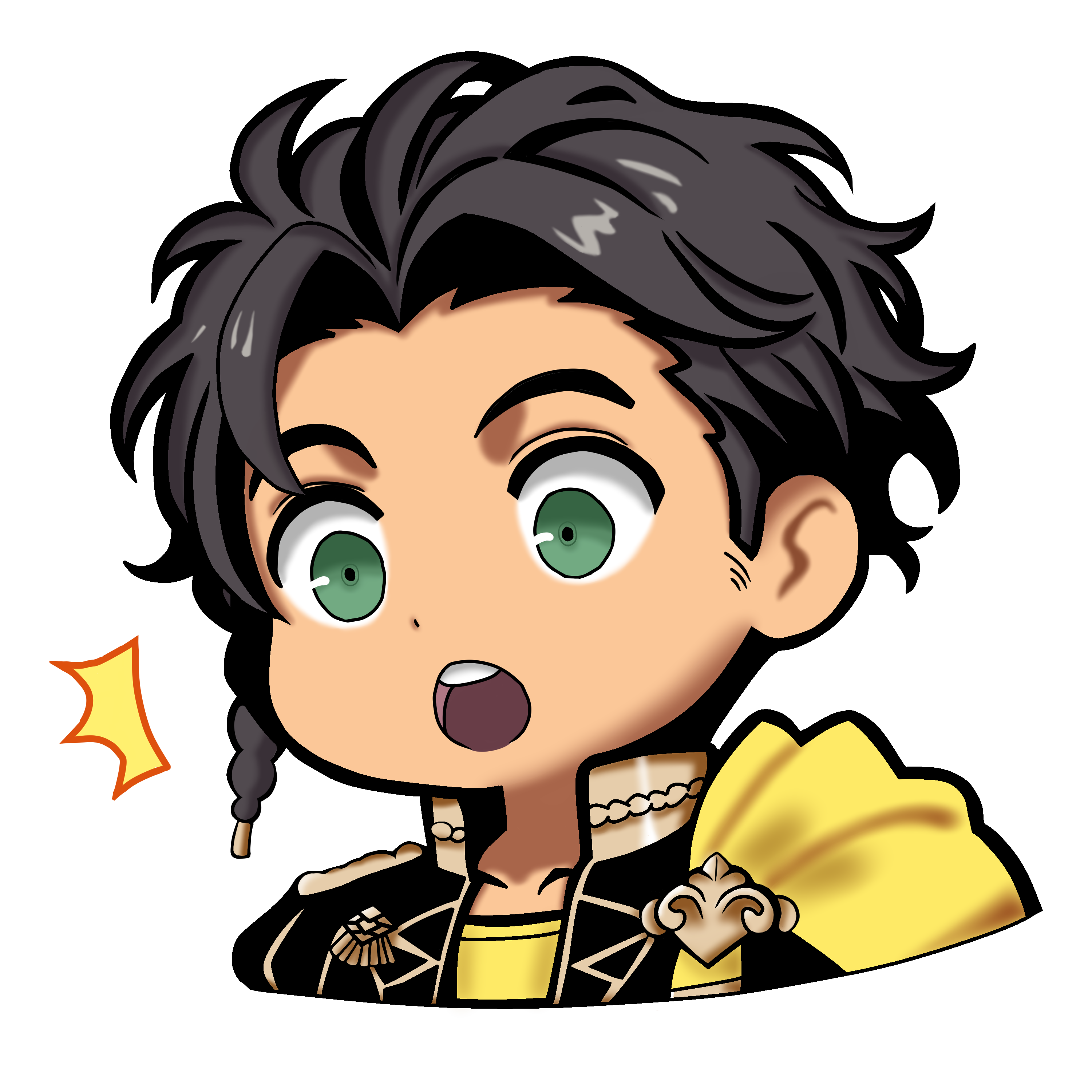 nekomoni, claude von riegan, fire emblem, fire emblem: three houses, nintendo, absurdres, highres, 1boy, brown hair, cape, chibi, chibi only, dark-skinned male, dark skin, garreg mach monastery uniform, green eyes, male focus, side cape, solo, surprised, yellow cape