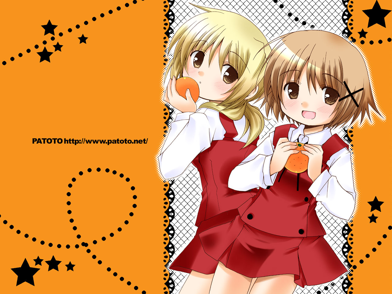 miyako (hidamari sketch), yuno (hidamari sketch), hidamari sketch, 00s, blonde hair, brown hair, food, fruit, orange (fruit), school uniform, yamabuki high school uniform