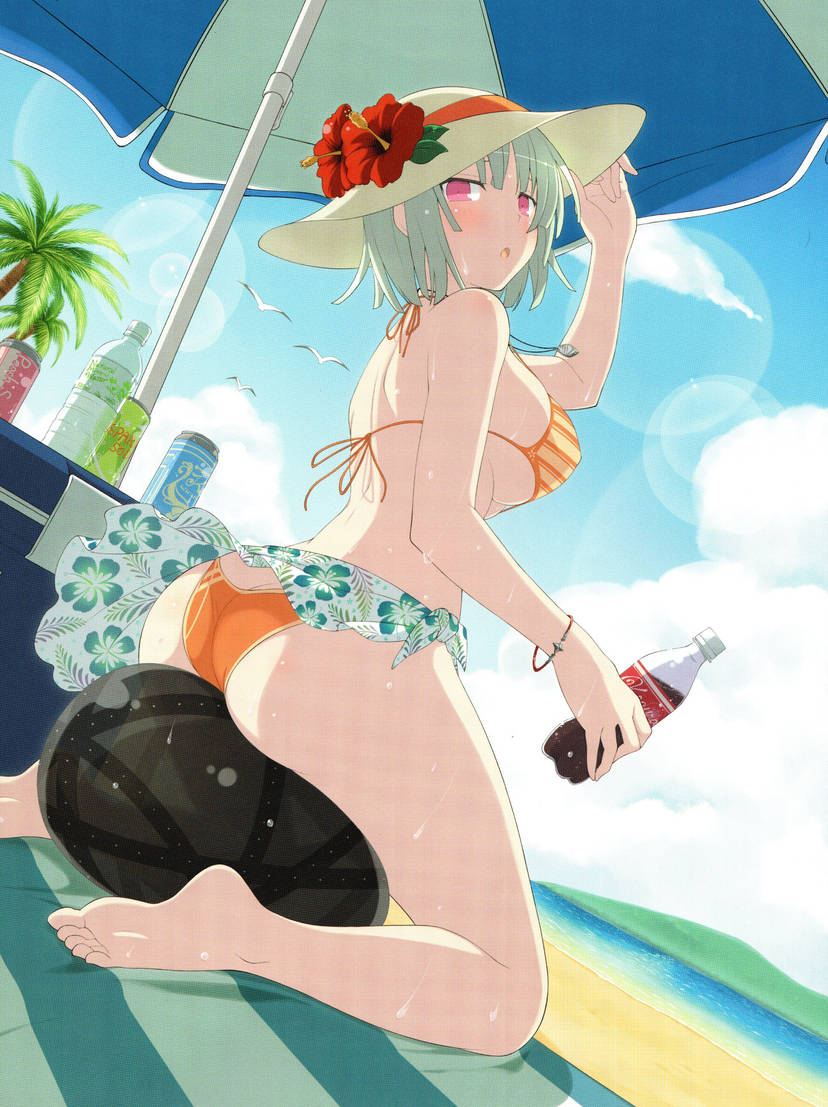 yaegashi nan, naraku (senran kagura), senran kagura, senran kagura new wave, official art, ass, ball, barefoot, beach, beach mat, bikini, bird, blue sky, blush, bottle, breasts, can, cloud, cooler, drink, drink can, feet, flower in hat, flower skirt, green hair, hat, hat grab, holding, island, jewelry, looking at viewer, looking back, necklace, ocean, open mouth, orange bikini, palm tree, pink eyes, seagull, seagulls, sitting, sky, soda, soda bottle, soda can, soles, striped bikini top, sun hat, sunlight, sweat, swimsuit, toes, tree, umbrella, water, water bottle, wristband
