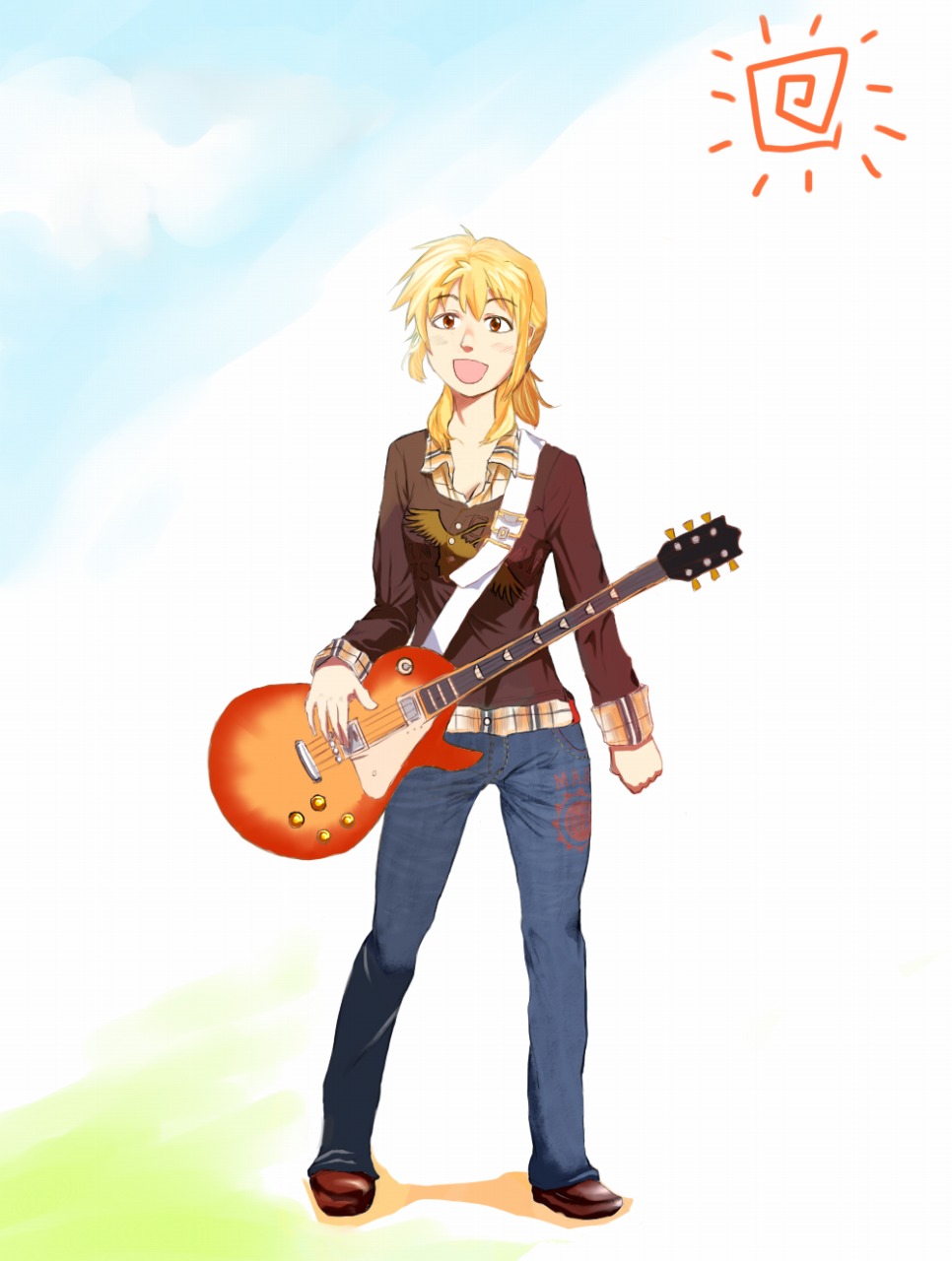 miyako (hidamari sketch), hidamari sketch, highres, 00s, blonde hair, denim, guitar, instrument, jeans, pants, solo