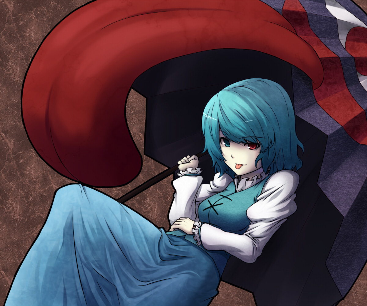 hiroya juuren, tatara kogasa, touhou, 1girl, :p, blue hair, female focus, heterochromia, karakasa obake, oil-paper umbrella, short hair, solo, tongue, tongue out, umbrella