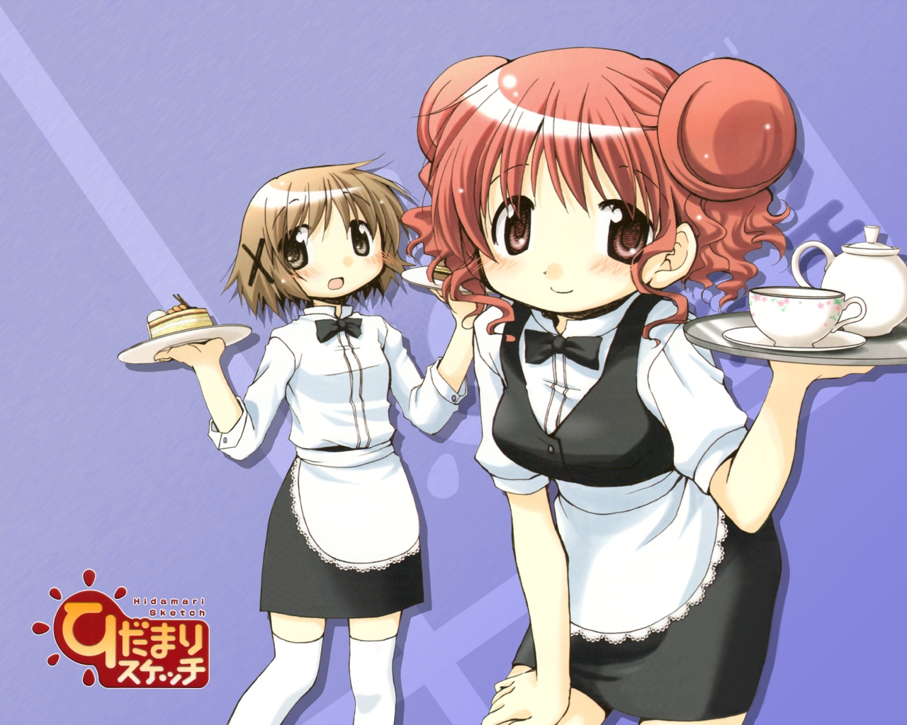 aoki ume, hiro (hidamari sketch), yuno (hidamari sketch), hidamari sketch, scan, 00s, apron, bow, bowtie, brown hair, cake, cup, double bun, food, hair bun, pastry, tea, thighhighs, waist apron, waitress