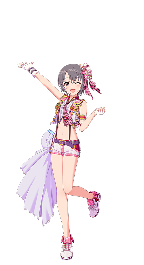 otokura yuuki, idolmaster, idolmaster cinderella girls, idolmaster cinderella girls starlight stage, official art, 1girl, belt, fingerless gloves, full body, gloves, grey eyes, grey hair, hat, idol clothes, mini hat, navel, one eye closed, open mouth, short shorts, shorts, solo, transparent background