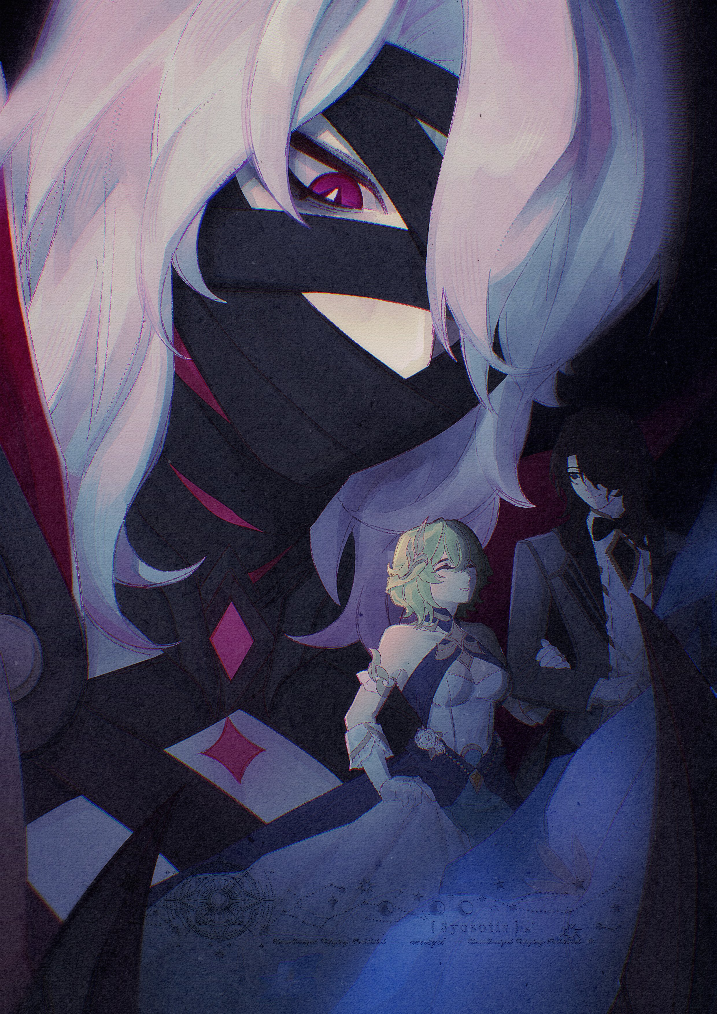 rerir (genshin impact), genshin impact, absurdres, highres, 1boy, 1girl, 8yosotis, bandages, blonde hair, brown hair, closed eyes, dress, formal clothes, long hair, purple eyes, red clouds, short hair, smile, suit, tholindis (genshin impact), tuxedo, white dress, white hair