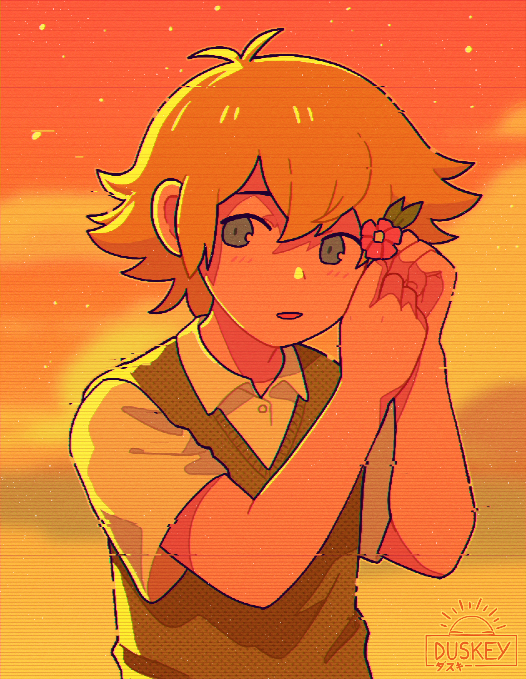 duskey (sunsetfoam), basil (faraway) (omori), basil (omori), omori, highres, 1boy, antenna hair, blonde hair, blue eyes, blush, collared shirt, flower, green sweater vest, hair flower, hair ornament, looking at viewer, male focus, parted lips, shirt, short hair, short sleeves, solo, sweater vest, upper body, white shirt