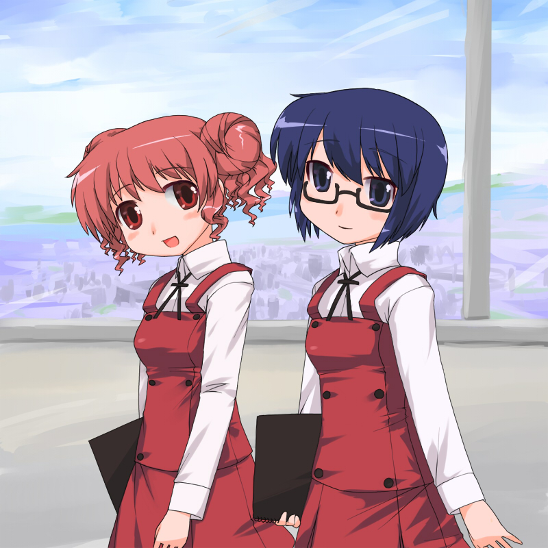 ktsecond, hiro (hidamari sketch), sae (hidamari sketch), hidamari sketch, 00s, 2girls, blue eyes, blue hair, double bun, glasses, hair bun, multiple girls, red eyes, red hair, school uniform, yamabuki high school uniform