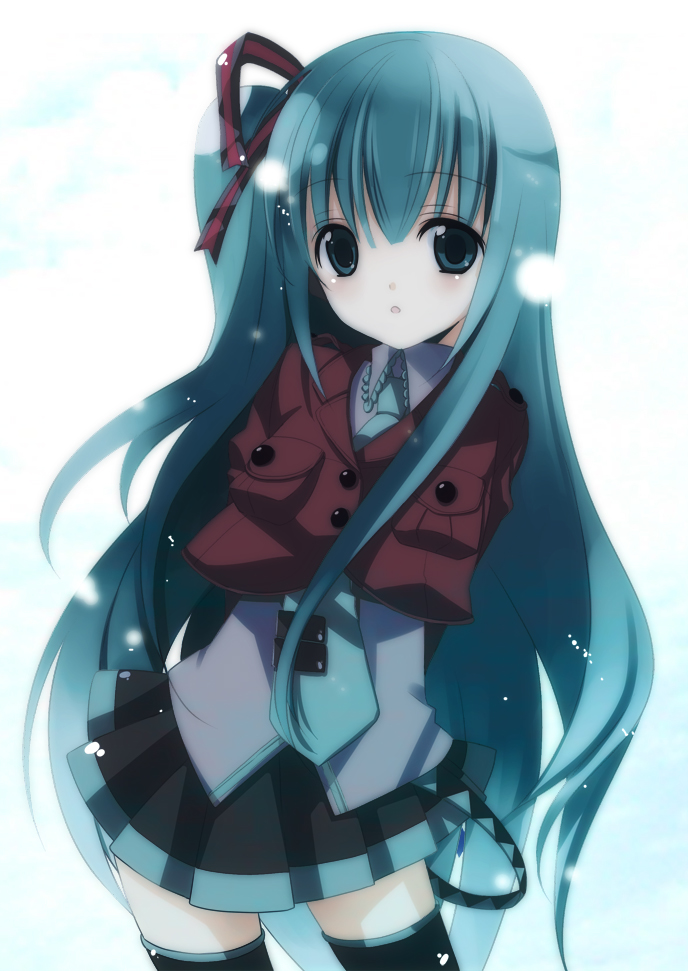 kirino kasumu, hatsune miku, vocaloid, bad id, bad pixiv id, 1girl, :o, alternate hairstyle, aqua eyes, aqua hair, blue eyes, blue hair, female focus, gradient background, hair ornament, hair ribbon, long hair, matching hair/eyes, miniskirt, necktie, pleated skirt, ponytail, ribbon, side ponytail, skirt, snow, solo, standing, thighhighs, very long hair