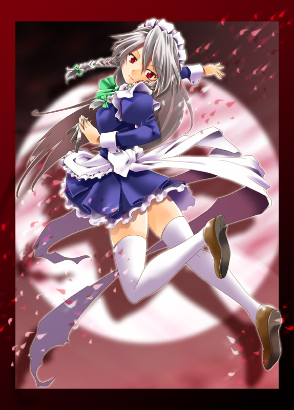 kanoe (gallery walhalla), izayoi sakuya, embodiment of scarlet devil, touhou, silver hair, 1girl, apron, female focus, full body, full moon, knife, legs, long hair, looking back, maid, maid apron, moon, petals, red eyes, ribbon, sky, solo, thighhighs, zettai ryouiki