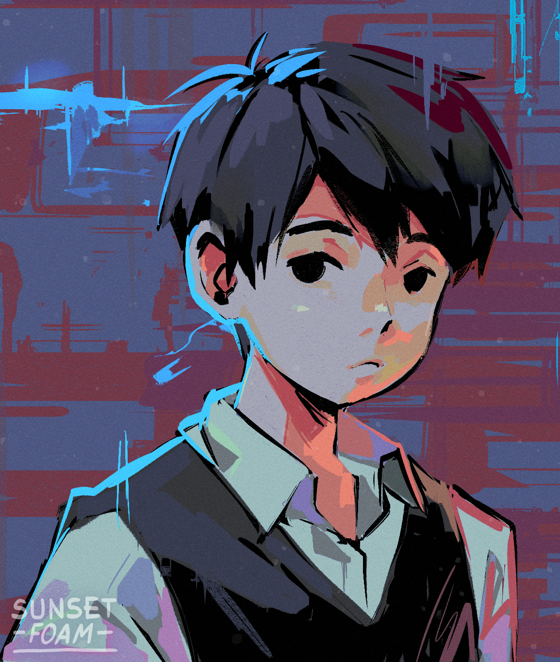 duskey (sunsetfoam), sunny (omori), disco elysium, omori, highres, 1boy, antenna hair, artist name, black hair, black sweater vest, closed mouth, collared shirt, hair between eyes, looking at viewer, male focus, parody, shirt, short hair, solo, style parody, sweater vest, upper body, white shirt